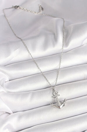 316L Çelik Gümüş Renk Zincir Zirkon Taş Detaylı Çapa Model Kadın Kolye