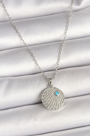 316L Çelik Gümüş Renk Zincir Zirkon Taşlı Mavi Taş Detaylı Madalyon Model Kadın Kolye