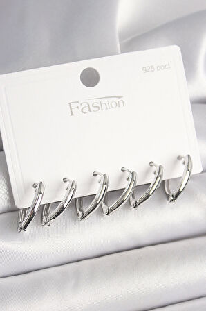 925 Ayar Gümüş Çivi Pirinç Gümüş Renk Üçgen Model Kadın Küpe Seti