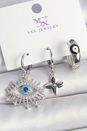 Pirinç Gümüş Renk Zirkon Taşlı Göz Model Nazar Boncuk Detay 3'Lü Kadın Kombin Küpe