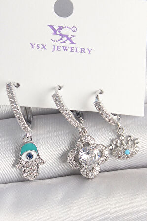 Pirinç Gümüş Renk Zirkon Taşlı Fatma Ana Yonca Figür Göz Detay 3'Lü Kadın Kombin Küpe