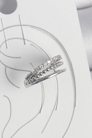 Pirinç Gümüş Renk Zirkon Taşlı 3'Lü Sıralı Model Kadın Kıkırdak Küpe