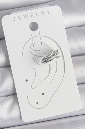 Pirinç Gümüş Renk Zirkon Taşlı 3'Lü Sıralı Model Kadın Kıkırdak Küpe