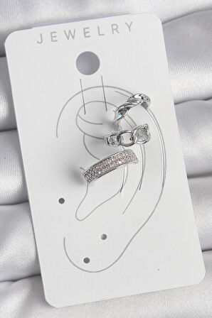 Pirinç Gümüş Renk Zirkon Taşlı 3'Lü Zincir Sarmal Model Kadın Kıkırdak Küpe