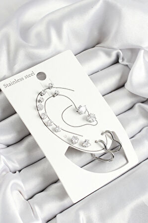 316L Çelik Kalp Figürlü Ve Zirkon Taşlı Gümüş Renk 7'li Çift Kadın Küpe Set