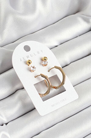 Pirinç Zirkon Taş Ve Kemik Halka Figürlü Gold Renk 3'lü Çift Kadın Küpe Set