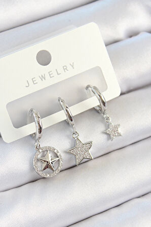 Pirinç Zirkon Taşlı Yıldız Model Gümüş Renk 3'lü Çift Kadın Küpe Set