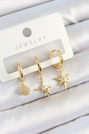 Pirinç Zirkon Taşlı Yıldız Model Gold Renk 3'lü Çift Kadın Küpe Set