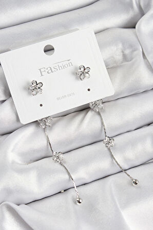 Pirinç Zirkon Taşlı Sallantılı Çiçek Model Gümüş Renk 925 Ayar Gümüş Çivi Kadın Küpe