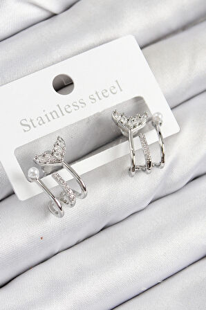 Pirinç Zirkon Taşlı İnci Detaylı Balık Kuyruğu Model Gümüş Renk Kadın Küpe