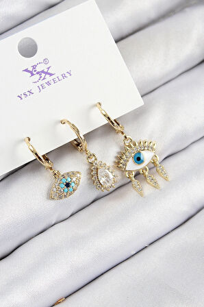 Pirinç Zirkon Taşlı 3'lü Fatma'nın Gözü Model Gold Renk Kadın Küpe