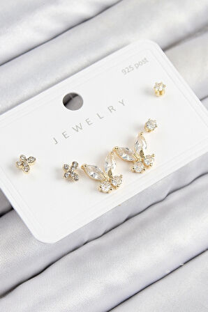 Pirinç Zirkon Taşlı Kelebek Model Gold Renk 925 Ayar Gümüş Çivi Kadın Küpe Set