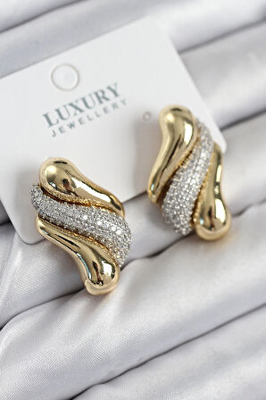 Pirinç Zirkon Taşlı Kıvrım Model Gold Renk Kadın Küpe