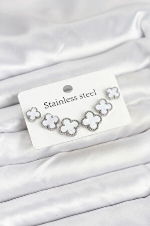 316L Çelik Gümüş Beyaz Renk 3 Boy Yonca Küpe Seti