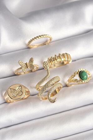 Pirinç Gold Renk İşlemeli Yılan Model Kelebek Detay 6'Lı Kadın Yüzük Seti