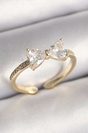 Pirinç Gold Renk Zirkon Taşlı Kalp Fiyonk Model Kadın Yüzük