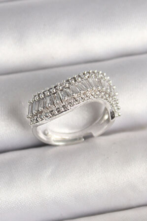 Pirinç Gümüş Renk Su Yolu Zirkon Dalga Model Ayarlanabilir Kadın Yüzük