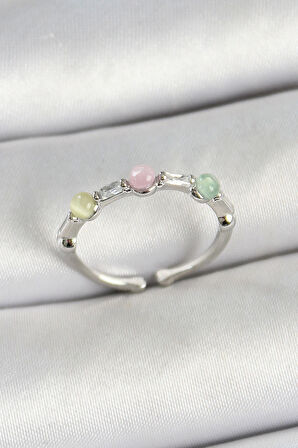 Pirinç Sıralı Boncuk Figürlü Zirkon Taşlı Gümüş Renk Ayarlanabilir Kadın Yüzük