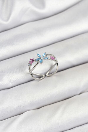 Pirinç Gümüş Renk Zirkon Taşlı Mavi Çiçekli Kadın Yüzük