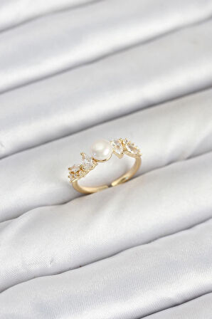 Pirinç Gold Renk Zirkon Taşlı İncili Model Kadın Yüzük