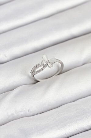 Pirinç Gümüş Renk Kelebek Zirkon Taşlı Kadın Yüzük