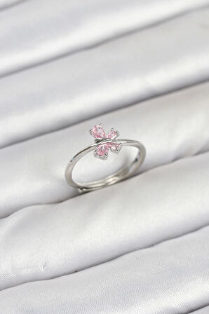 Pirinç Gümüş Renk Pembe Kelebek Kadın Yüzük