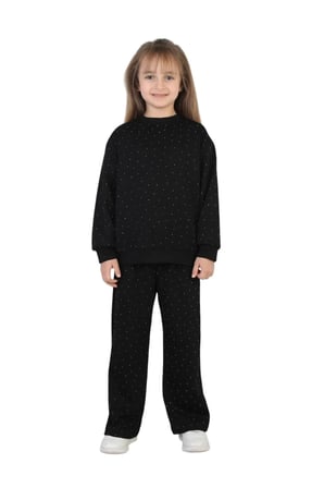 Kız Çocuk Taşlı Pijama Takımı Rahat Kalıp Günlük-Casual Takım İkili Takım — Siyah