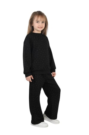 Kız Çocuk Taşlı Pijama Takımı Rahat Kalıp Günlük-Casual Takım İkili Takım — Siyah