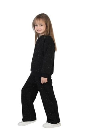 Kız Çocuk Taşlı Pijama Takımı Rahat Kalıp Günlük-Casual Takım İkili Takım — Siyah
