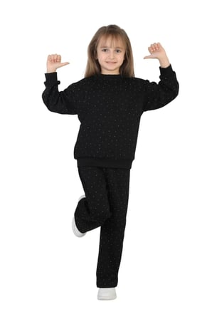 Kız Çocuk Taşlı Pijama Takımı Rahat Kalıp Günlük-Casual Takım İkili Takım — Siyah