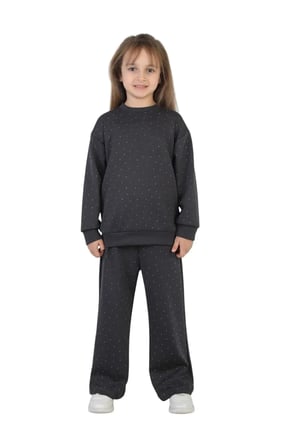Kız Çocuk Taşlı Pijama Takımı Rahat Kalıp Günlük-Casual Takım İkili Takım — Füme