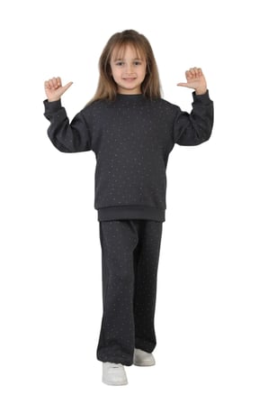 Kız Çocuk Taşlı Pijama Takımı Rahat Kalıp Günlük-Casual Takım İkili Takım — Füme