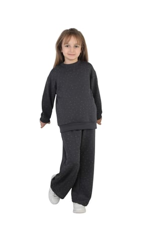 Kız Çocuk Taşlı Pijama Takımı Rahat Kalıp Günlük-Casual Takım İkili Takım — Füme