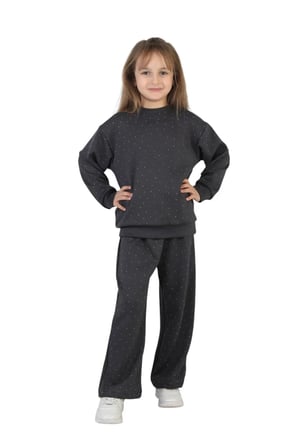 Kız Çocuk Taşlı Pijama Takımı Rahat Kalıp Günlük-Casual Takım İkili Takım — Füme
