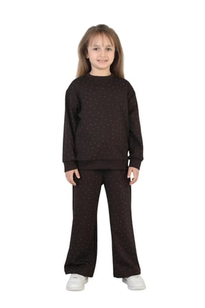 Kız Çocuk Taşlı Pijama Takımı Rahat Kalıp Günlük-Casual Takım İkili Takım — Kahverengi