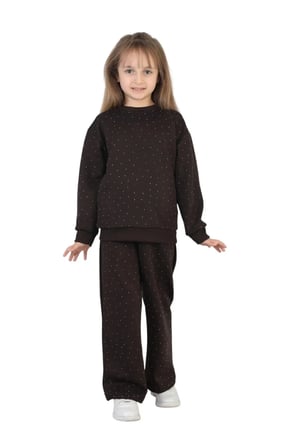 Kız Çocuk Taşlı Pijama Takımı Rahat Kalıp Günlük-Casual Takım İkili Takım — Kahverengi