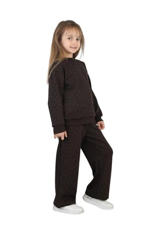 Kız Çocuk Taşlı Pijama Takımı Rahat Kalıp Günlük-Casual Takım İkili Takım — Kahverengi