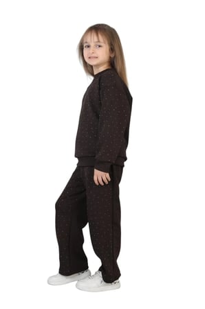 Kız Çocuk Taşlı Pijama Takımı Rahat Kalıp Günlük-Casual Takım İkili Takım — Kahverengi