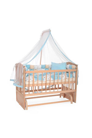 Ahşap Beşik Anne Yanı Beşik Organik (BOYASIZ) 60x120 - Kare Işlemeli Uyku Seti Ve Yataklı