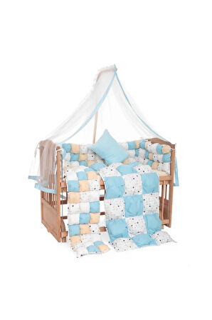 Ahşap Beşik Anne Yanı Beşik Organik (BOYASIZ) 60x120 - Kare Işlemeli Uyku Seti Ve Yataklı