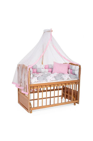 Ahşap Beşik Anne Yanı Beşik Organik (BOYASIZ) 60x120 - Kare Işlemeli Uyku Seti Ve Yataklı