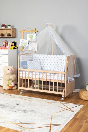 Ahşap Anne yanı 60x120 bebek beşiği Organik(boyasız) Tutku Bebek Beşiği Mavi Yıldız Tek Yastık Uyku Seti + Tekerlek