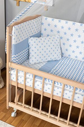 Ahşap Anne yanı 60x120 bebek beşiği Organik(boyasız) Tutku Bebek Beşiği Mavi Yıldız Tek Yastık Uyku Seti + Tekerlek