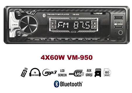 MEGA VM-950 Oto Teyp 4X60W Bt/2xusb/sd/fm/aux