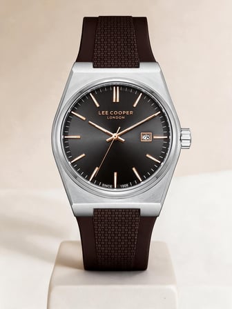 Lee Cooper Kahverengi Silikon Kayış Füme Kadran 40 mm Yuvarlak Erkek Kol Saati, Bileklik Hediyeli
