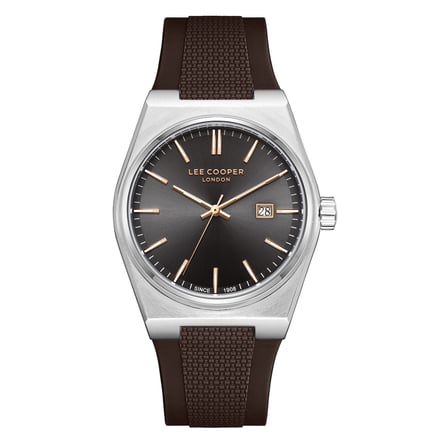 Lee Cooper Kahverengi Silikon Kayış Füme Kadran 40 mm Yuvarlak Erkek Kol Saati, Bileklik Hediyeli