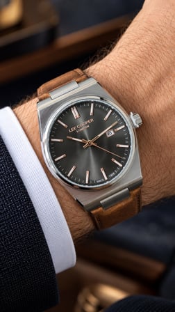 Lee Cooper Taba Deri Kayış Füme Kadran 40 mm Yuvarlak Erkek Kol Saati, Bileklik Hediyeli
