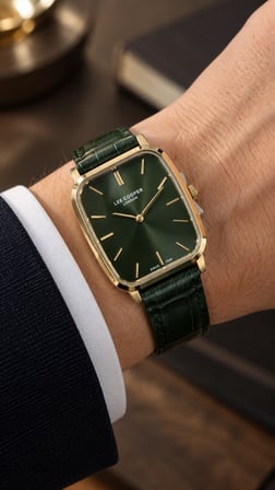 Lee Cooper Haki Deri Kayış Yeşil Kadran 32  mm Dikdörtgen Erkek Kol Saati, Bileklik Hediyeli