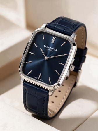 Lee Cooper Lacivert Deri Kayış Mavi Kadran 40 mm Dikdörtgen Erkek Kol Saati, Bileklik Hediyeli