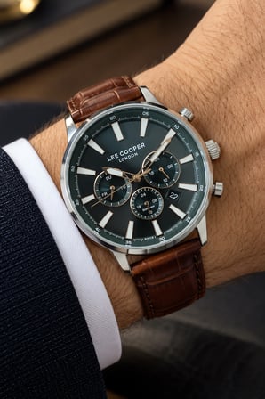 Lee Cooper Kahverengi Deri Kayış Yeşil Kadran 40 mm Yuvarlak Erkek Kol Saati, Bileklik Hediyeli
